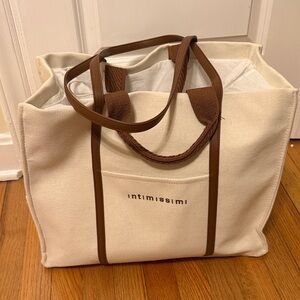 intimissimi Cream Canvas Tote with Brown Trim and Leather Handles